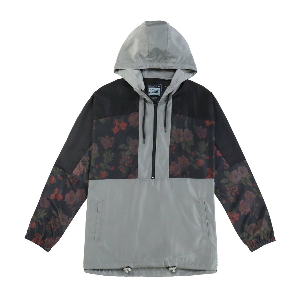 Men's Floral Windbreaker Hooded Half Zipper Jacket for Hiking Trip Size L